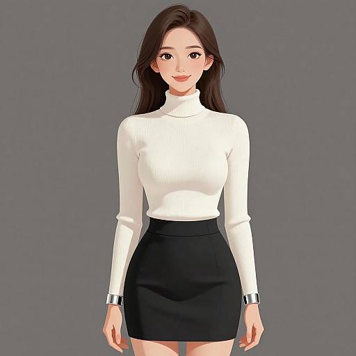 Digital anime-style drawing of a young woman with long dark hair, wearing a white turtleneck and black high-waist skirt, standing against a