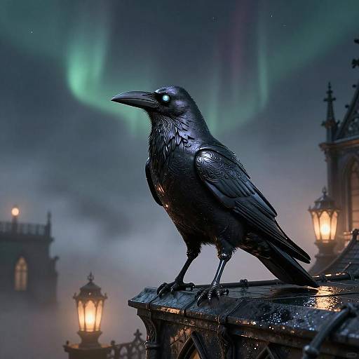 Photograph of a wet, black crow with glowing eyes perched on a gothic rooftop, under a vivid green aurora borealis, with warm
