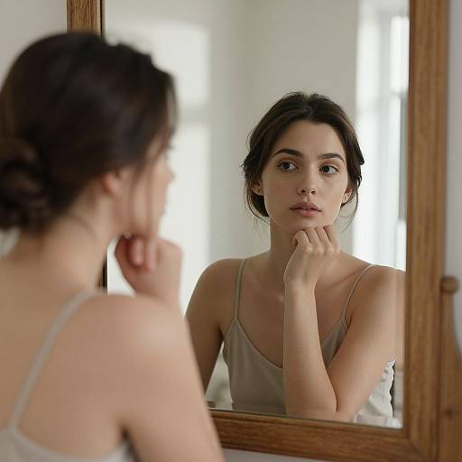 Photograph of a young woman with fair skin and dark hair in a bun, wearing a light gray tank top, gazing contemplatively at her reflection