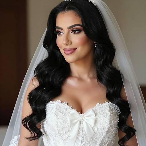 Photograph of a beautiful bride with long, wavy black hair, wearing a white lace strapless wedding dress and veil, smiling softly.