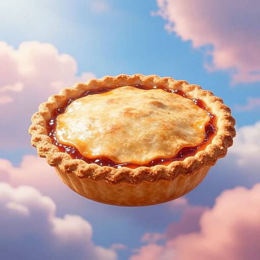 Photorealistic CGI of a golden-brown, fluted pie with a glossy, filled crust floating against a bright blue sky with pink clouds.