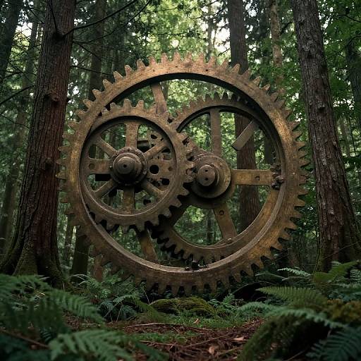 Photograph of large, rusted, interlocking gears in a dense, sunlit forest with tall trees and lush green ferns at the base.