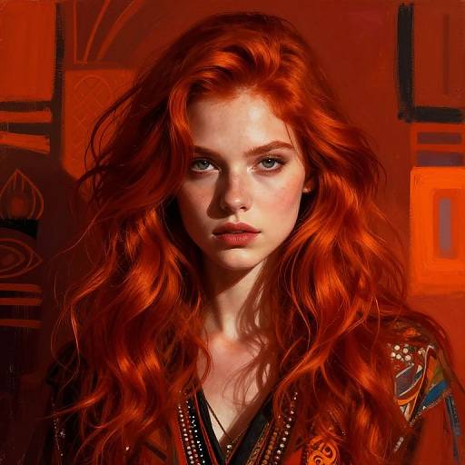 Digital portrait of a pale-skinned, red-haired woman with long, wavy hair, intense green eyes, and a serious expression, wearing an orn