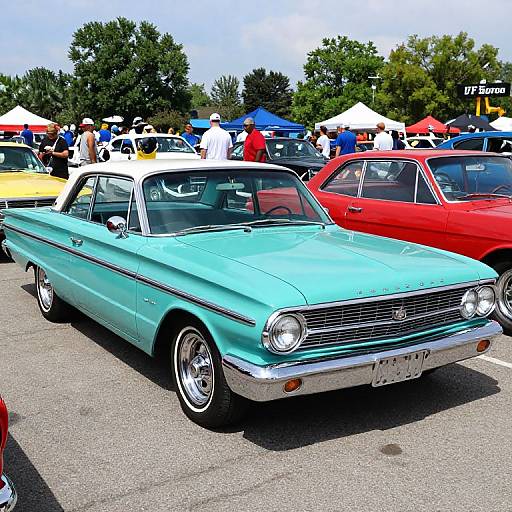 Photograph of a vibrant turquoise 1960s sedan with chrome accents, parked at a sunny car show, surrounded by colorful classic cars and people in