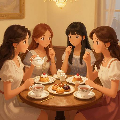 Four anime-style girls with long hair, wearing white dresses, sit at a wooden table, eating desserts and sipping tea, in a warmly lit,