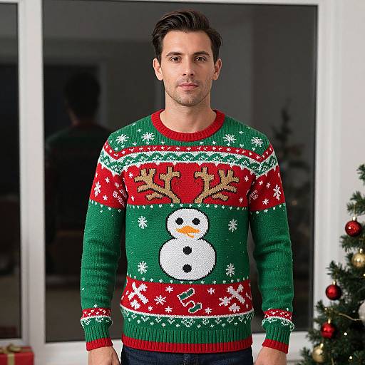 Photograph of a man with short dark hair wearing a festive green Christmas sweater with reindeer antlers and snowman, standing indoors by a window and