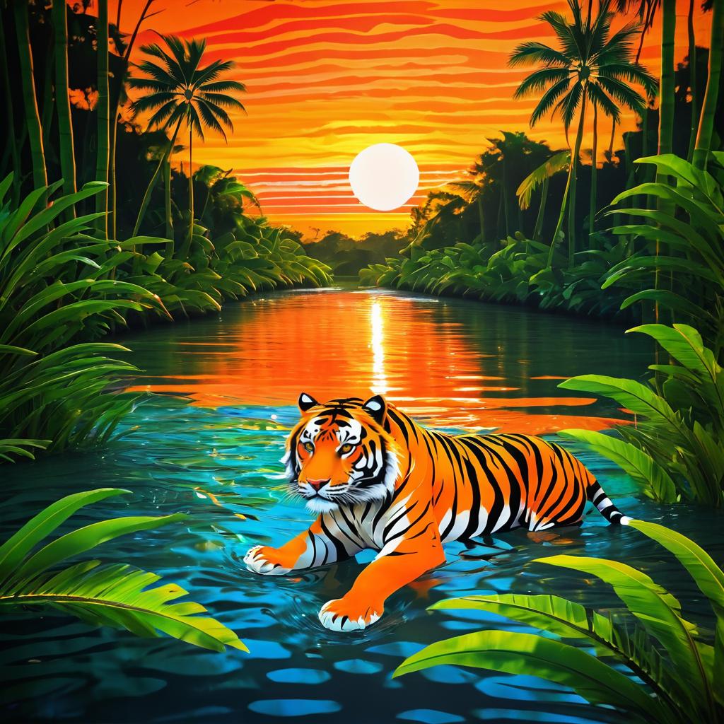 Impressionist Tiger Swimming at Sunset