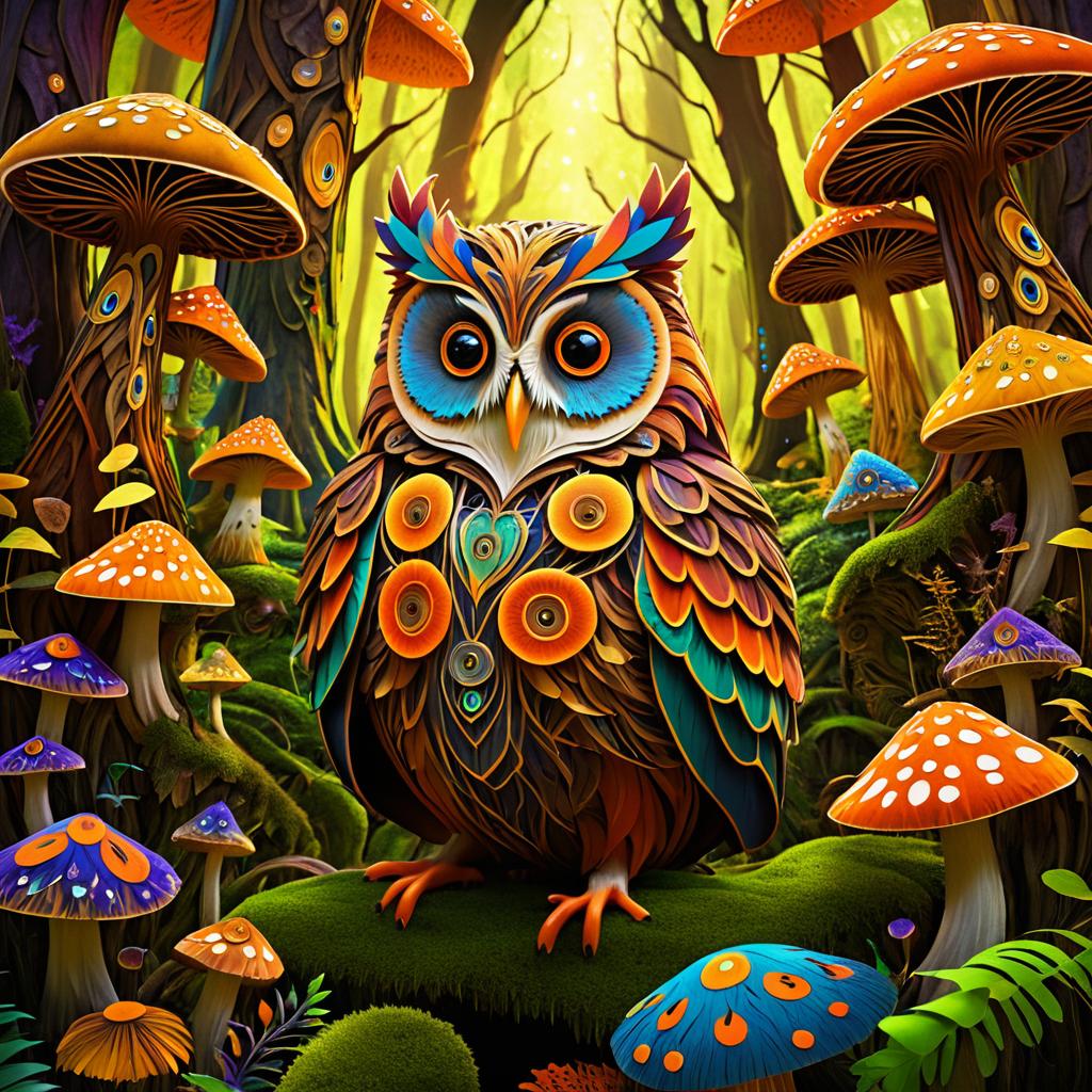 Vibrant Owl Boy in Enchanted Fungi Forest