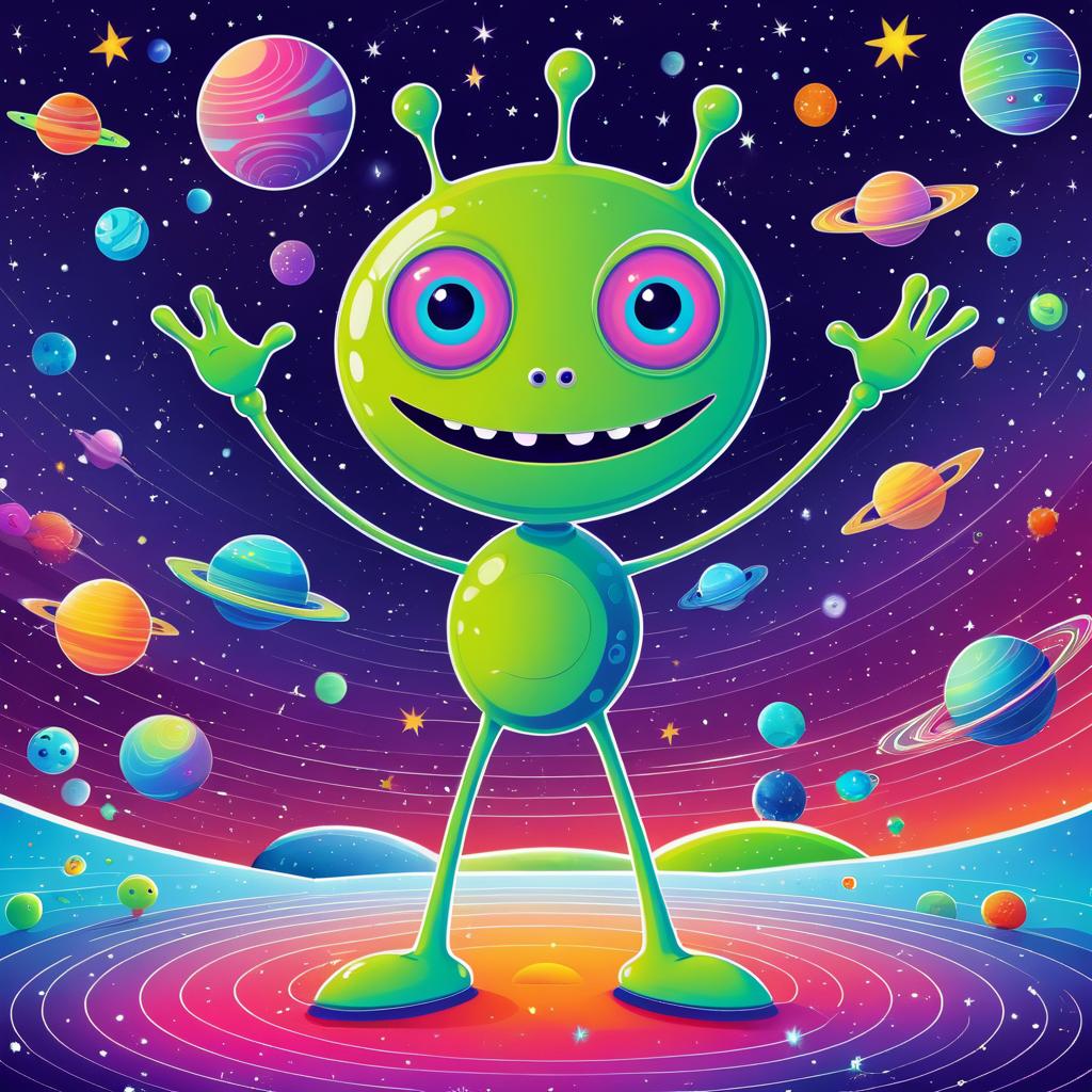 Whimsical Cartoon Alien in Colorful Space