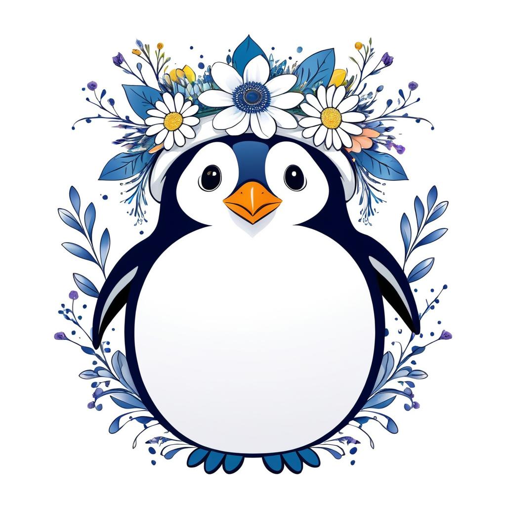 Whimsical Floral Crown Penguin Illustration