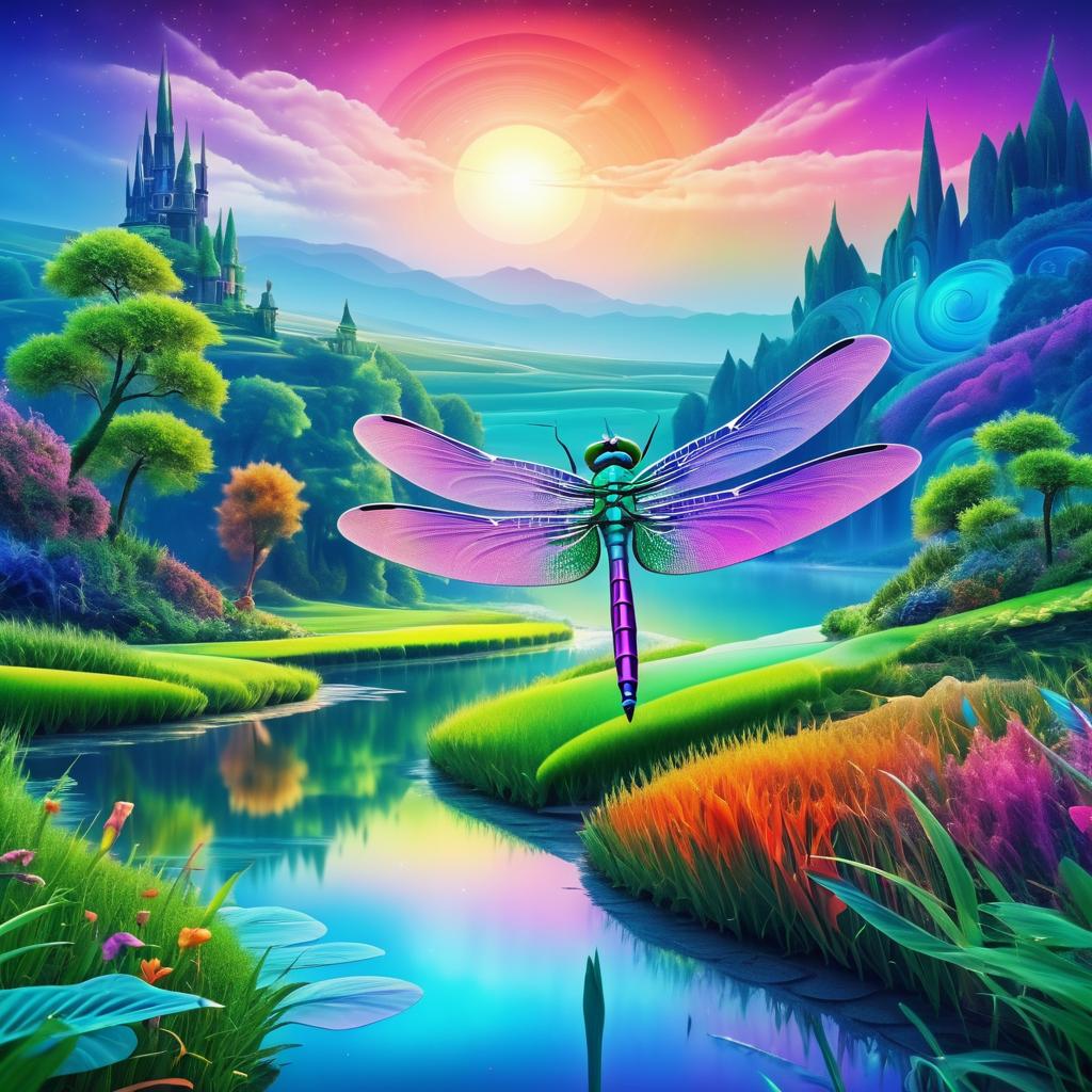 Surreal Dragonfly in Vibrant Fantasy Landscape