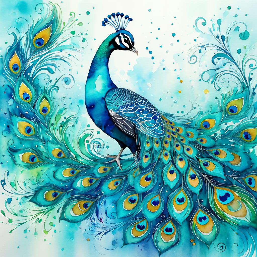 Dreamy Teal Peacock Watercolour Artwork