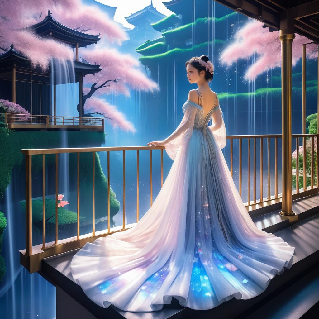 Dreamlike Young Woman on Futuristic Balcony