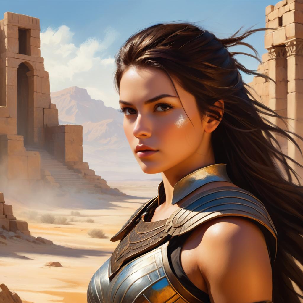 Fierce Female Warrior in Desert Ruins