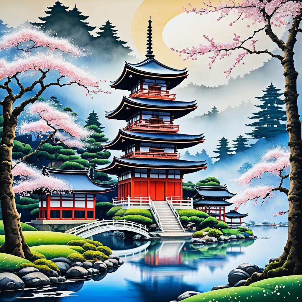 Mystical Japanese Landscape with Cherry Blossoms