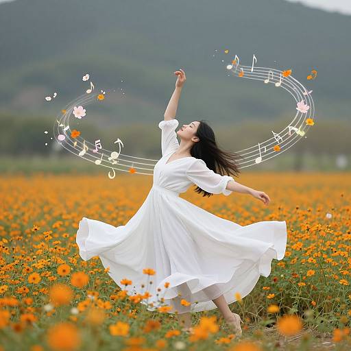 Photograph of a joyful woman in a flowing white dress dancing in a vibrant orange flower field, surrounded by musical notes and flowers, with mountains in the