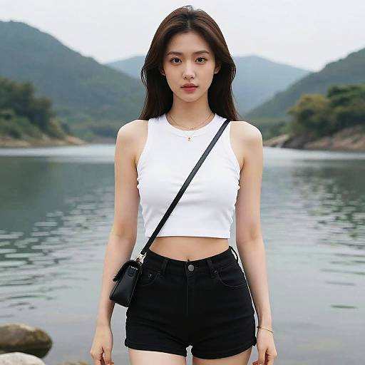 Photograph of an Asian woman with long black hair, wearing a white crop top and black shorts, standing by a calm lake with mountainous greenery