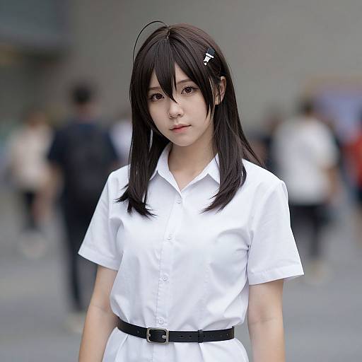Photograph of an Asian woman with long black hair in a white short-sleeved dress, black belt, and hair clip, standing in a blurred