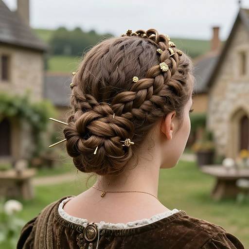Photograph of a woman with braided brown hair adorned with gold pins, viewed from behind, in a rustic, countryside setting.