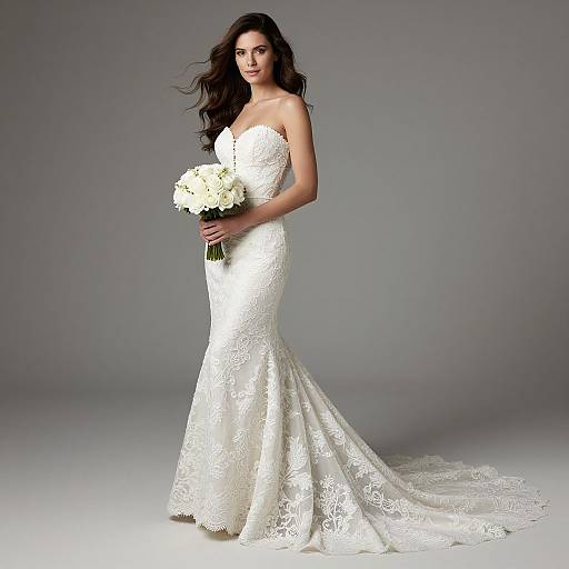 Photograph of a beautiful woman with long, wavy brown hair in a strapless, white lace wedding gown, holding a bouquet of white flowers,