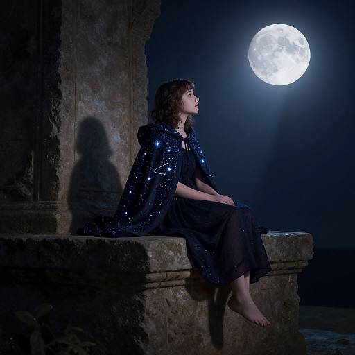 Photograph: Young woman with curly brown hair, wearing a dark, star-studded cloak, sits on ancient stone steps, gazing at a bright