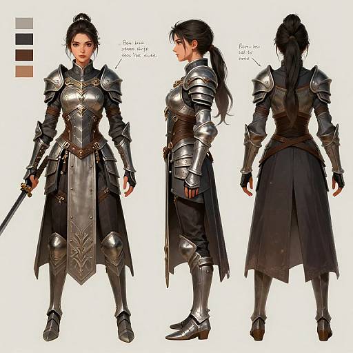 Digital character design of an armored, Asian woman warrior with black hair in ponytails, wearing intricate silver plate armor and a black tunic. Three views