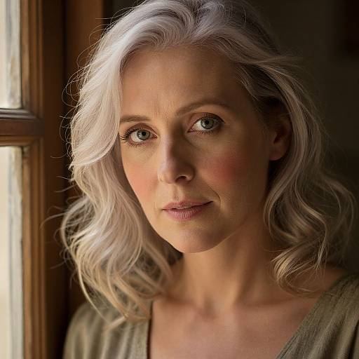 Photograph of a middle-aged woman with silver, wavy hair, fair skin, and blue eyes, standing near a sunlit window, wearing a