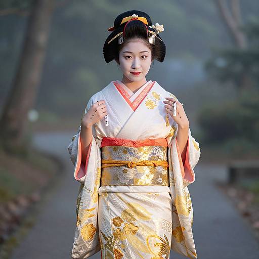 Photograph of an Asian woman in a traditional yellow and white floral kimono with red accents, standing on a forest path. She has black hair styled