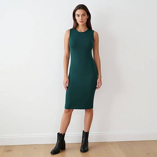 Photograph of a young woman with long dark hair, wearing a sleeveless, dark green knee-length dress and black ankle boots, standing against a plain