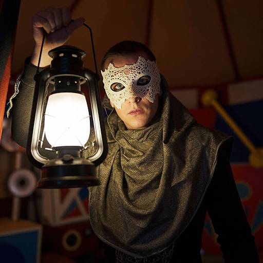 Photograph of a person in a lace white mask, dark cloak, holding a glowing lantern in a dimly lit tent.