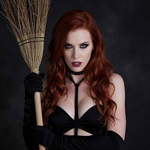 Photograph of a pale-skinned, red-haired woman with blue eyes, wearing black lingerie, gloves, and a choker, holding a broom