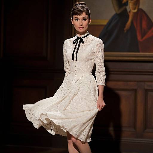 Photograph of a female model in a white lace dress with black ribbon, mid-stride, in a dimly lit room with wooden paneling and
