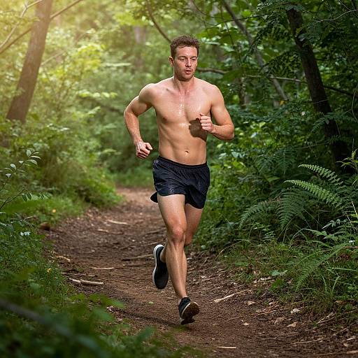 Photograph of a muscular, shirtless man jogging on a forest path, wearing black shorts and sneakers, surrounded by lush greenery.