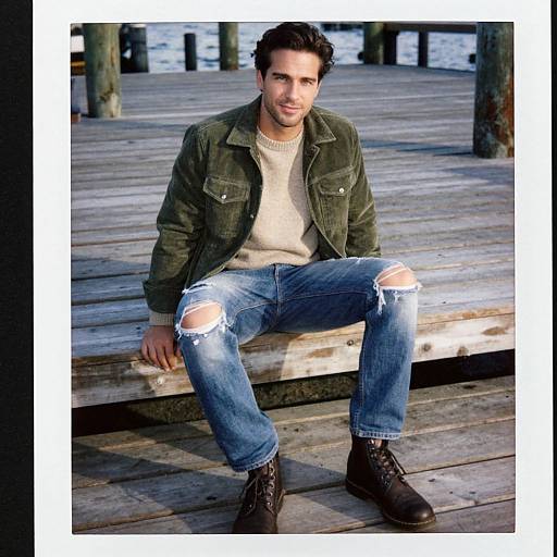 Photograph of a handsome man with dark hair, wearing a green jacket, beige sweater, ripped jeans, and brown boots, sitting on a wooden bench