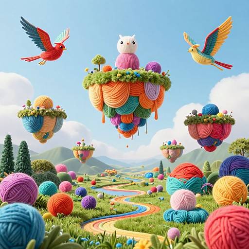 Whimsical digital artwork: colorful yarn balls float in sky, surrounded by vibrant birds, lush landscape, winding path, and scattered yarn balls. Bright