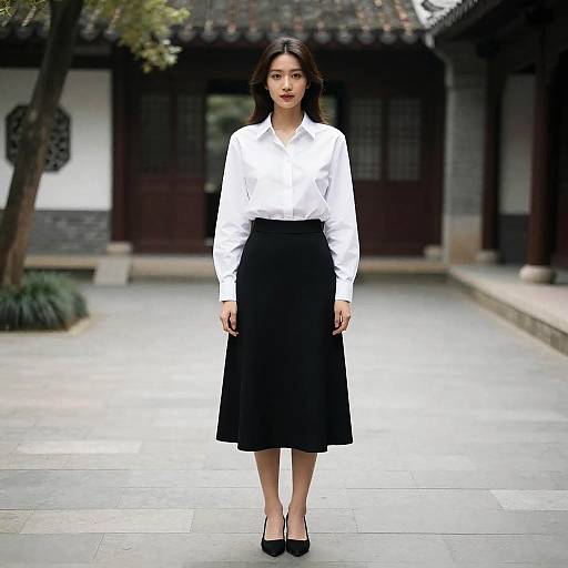 Woman in White Shirt and Black Skirt