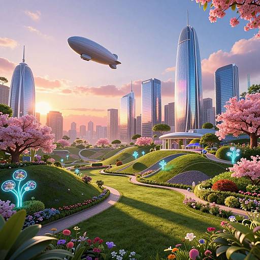 Digital artwork of a futuristic cityscape at sunset with flying airship, towering skyscrapers, vibrant gardens, illuminated blue lights, and pink cherry bloss
