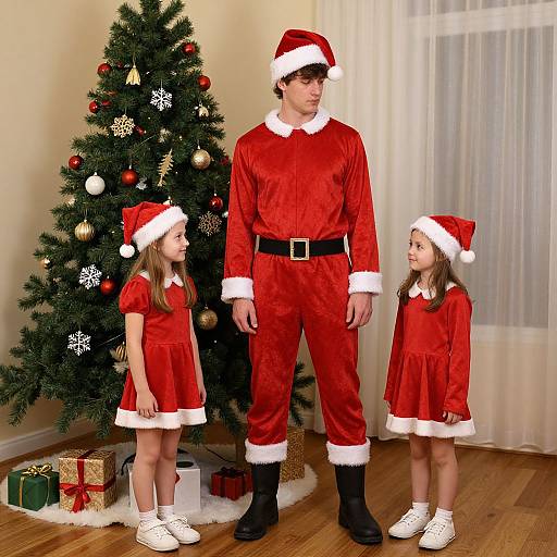 Photograph of a tall man in Santa outfit, two young girls in red dresses and Santa hats, standing by a decorated Christmas tree with gifts.