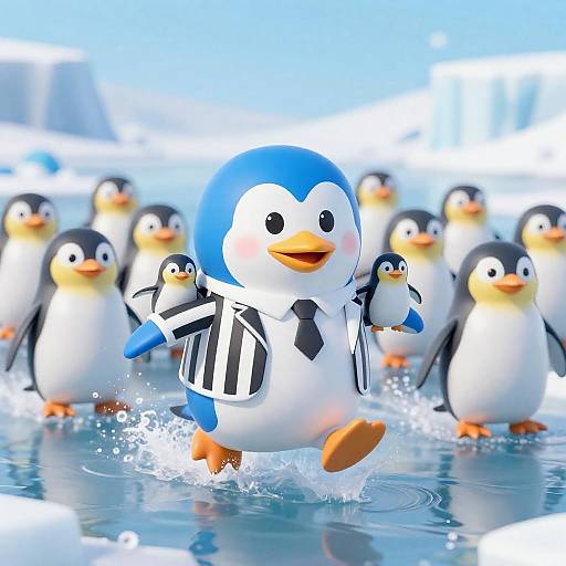 Cartoon Penguin Leading Group on Ice