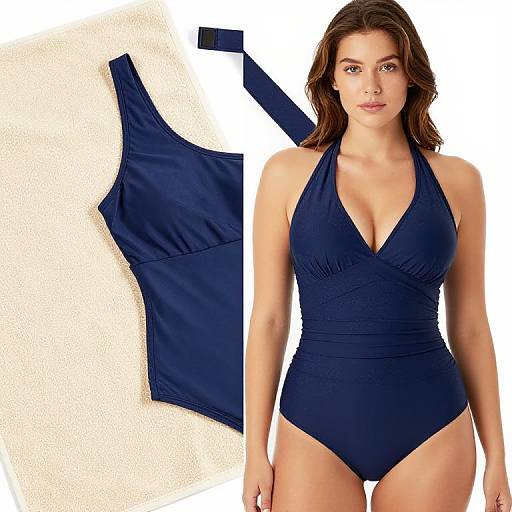 Photograph of a brunette woman in a navy blue halter-neck one-piece swimsuit, with a matching swimsuit piece displayed beside her on a textured