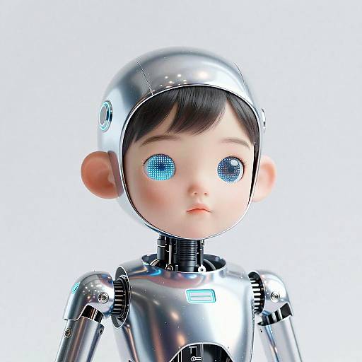 Photorealistic CGI of a cute, young, robot boy with large, blue, pixelated eyes, silver helmet, and metallic body, against a