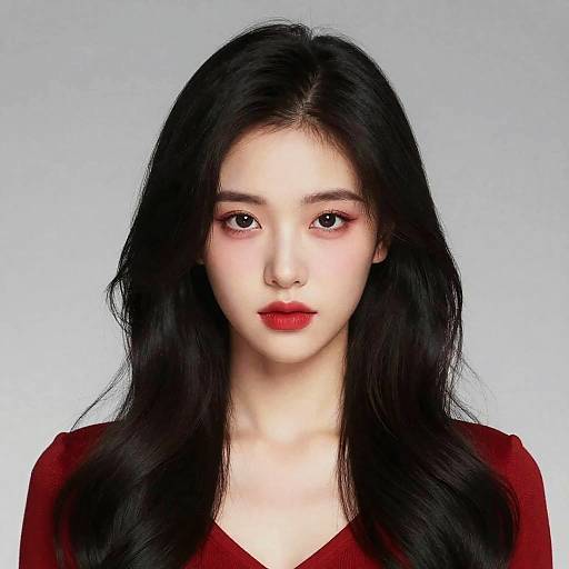 Digital portrait of an East Asian woman with long black hair, red lipstick, and red top, against a plain white background.