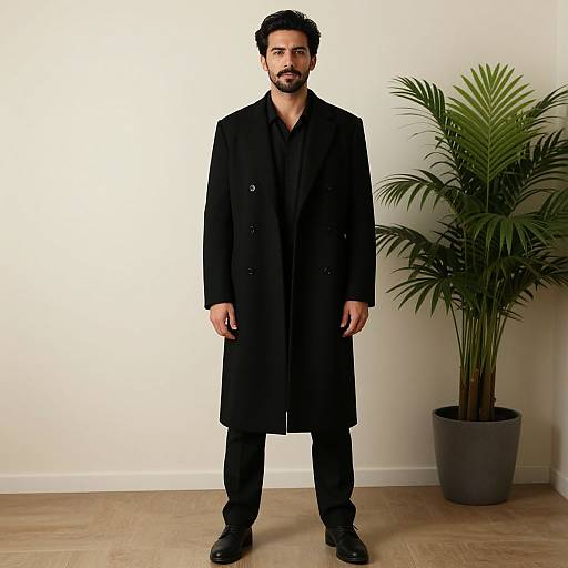 Photograph of a bearded Middle Eastern man with dark hair, wearing a long black coat, black pants, and shoes, standing in front of a
