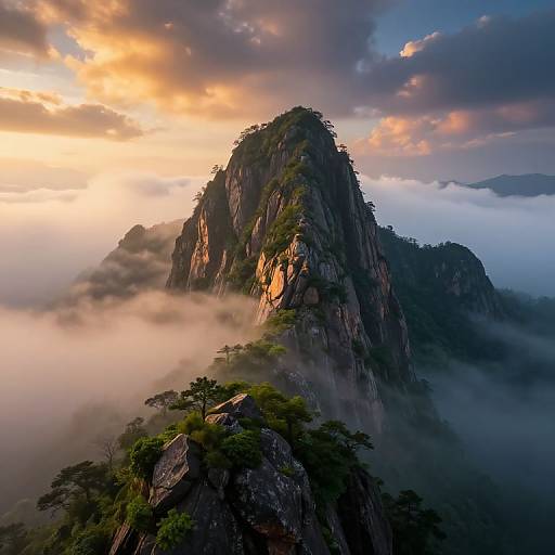 Photograph of a dramatic mountain peak at sunrise, surrounded by mist, with colorful clouds and green trees atop rugged rocks.