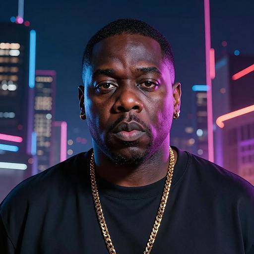 Man with Glowing Eyes in Neon Cityscape