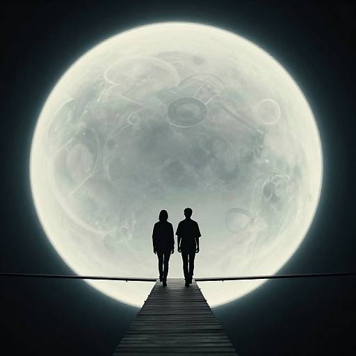 Silhouetted couple walks on wooden bridge towards giant, glowing full moon, creating a dramatic, ethereal night scene. Digital artwork.