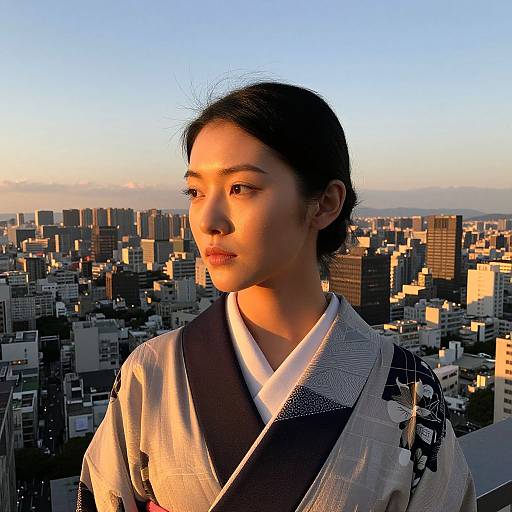 Photograph of an Asian woman with fair skin, dark hair in a bun, wearing a traditional white and black kimono, looking to the side,