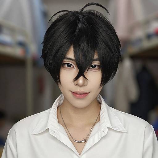 Photorealistic digital portrait of an androgynous young person with black, messy hair, wearing a white shirt and silver chain, smiling subtly.