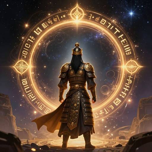 Digital art: Armored, hooded figure with glowing runes stands at center, facing cosmic circle with celestial symbols and stars in dark, rocky landscape.