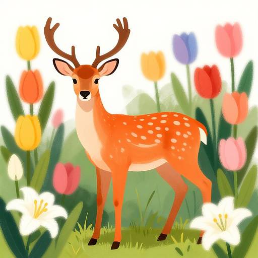 Bright Orange Deer in Vibrant Flowers